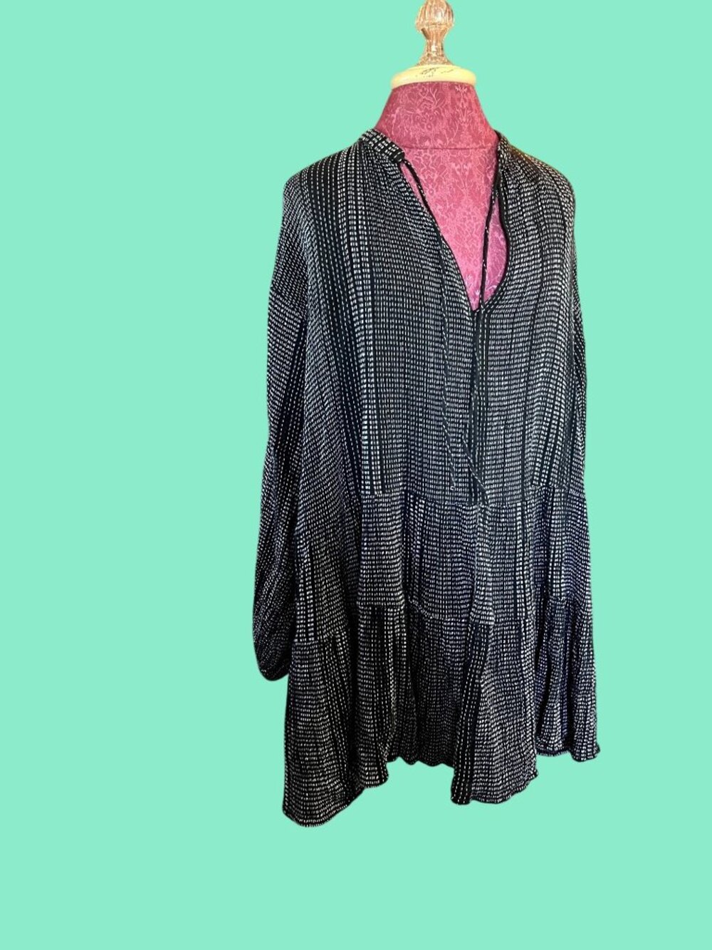 H&M Black & White Tiered Tunic Dress With Long Sleeves Size Small Made In India